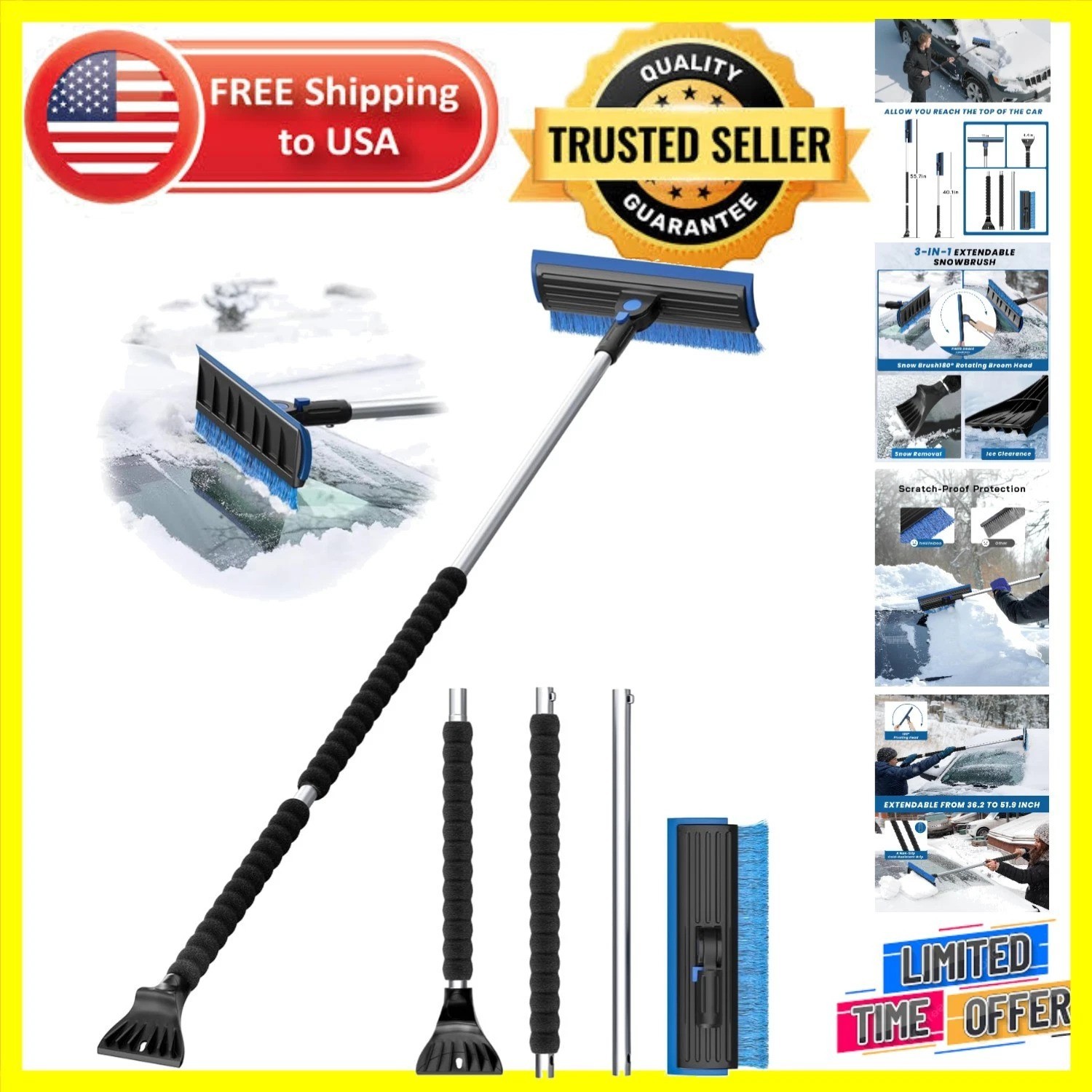 2025 Extra Long 55.7" Ice Scraper & Snow Brush with 270° Pivoting Head - Blue
