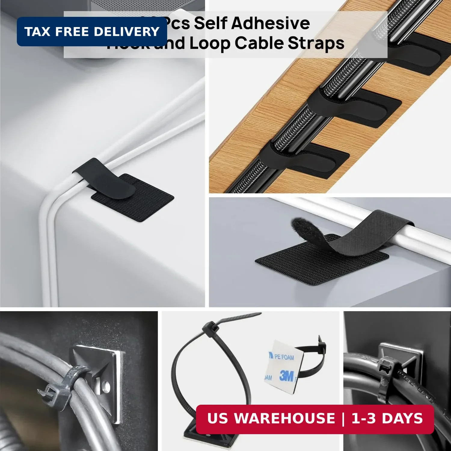 Cable Management Kit - 4 Cable Sleeve, 57 Self Adhesive Cable Clips, 12 Hanging