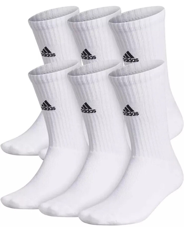 BRAND NEW ADIDAS 6 PACK CREW SOCKS WHITE BLACK LOGO MEN 6.5-9 WOMEN 7-10 NWT
