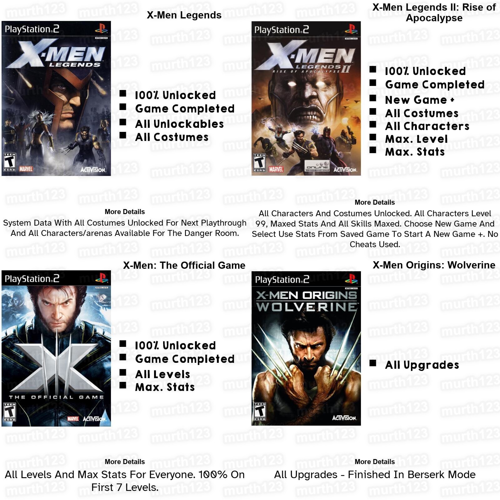 X-Men Origins Wolverine Legends PS1 PS2 Memory Card 100% Completed Unlocked Save