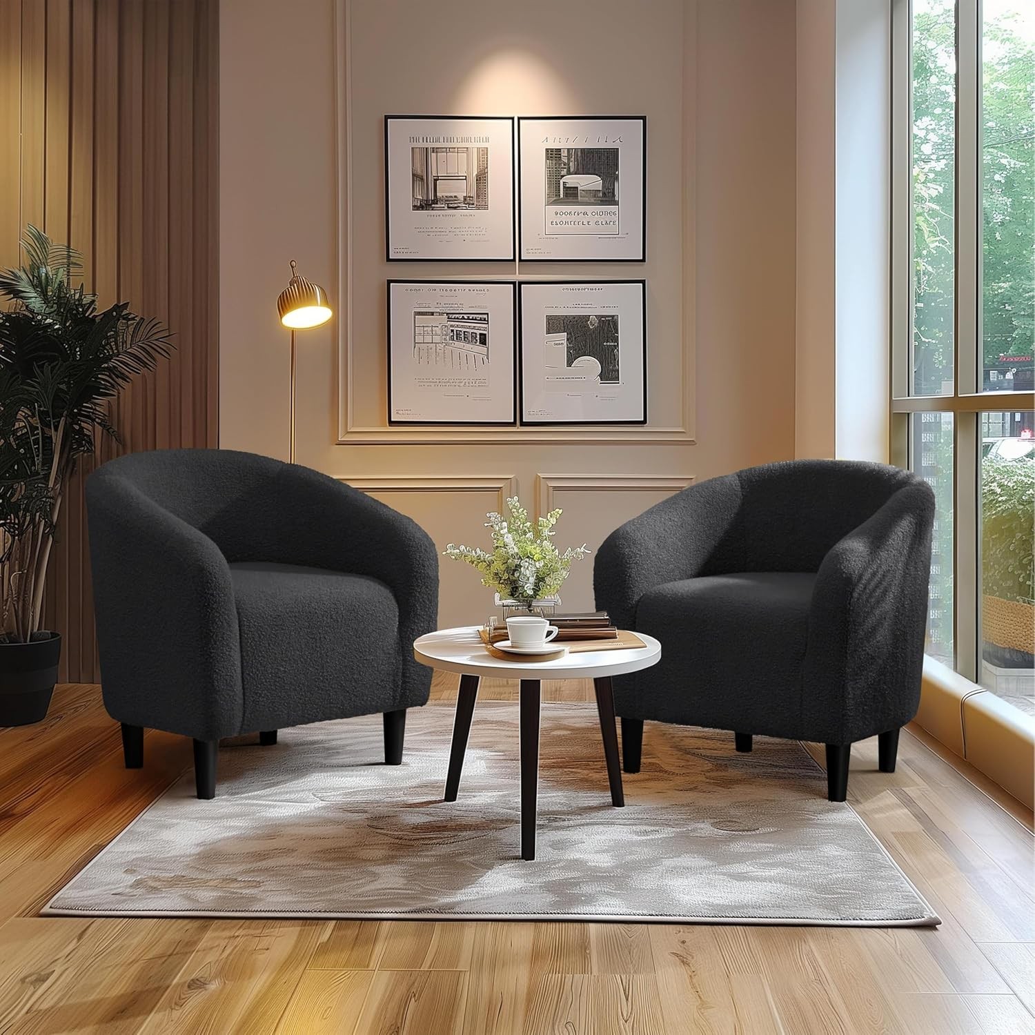 Accent Barrel Chair Boucle Fabric Club Chair Furry Sherpa Elegant Armchair W/