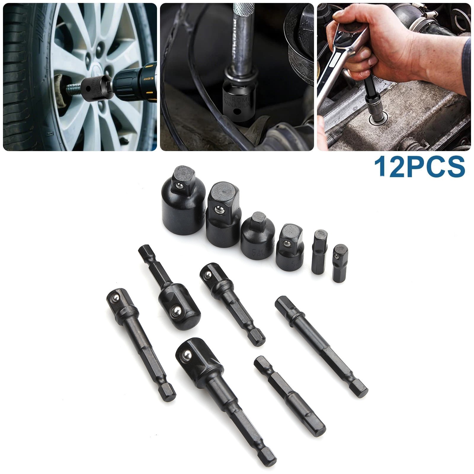 Impact Socket Adapter Set Chrome Vanadium 1/4 3/8 1/2" Drill Nut Driver Bit Kit