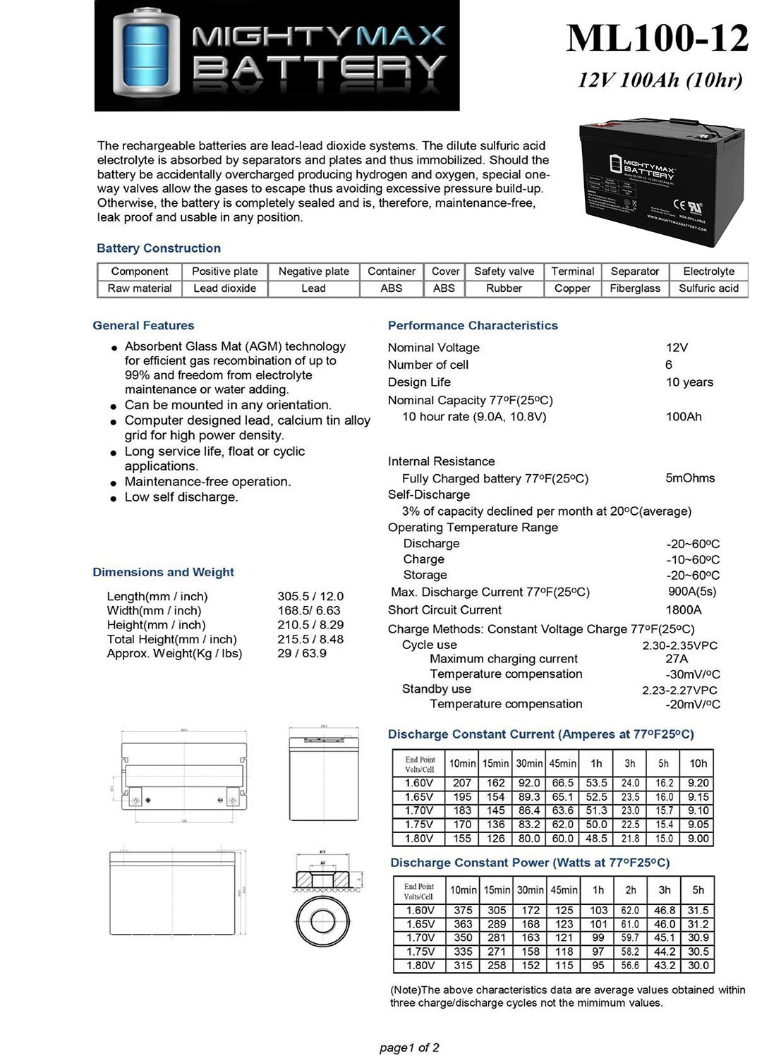Mighty Max 12V 100Ah AGM Battery Compatible With LCB Gel100-12