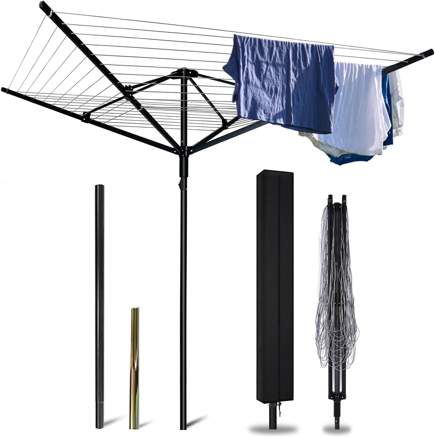 Rotary Outdoor Umbrella Drying Rack Adjustable Height Clothesline W/Waterproof P