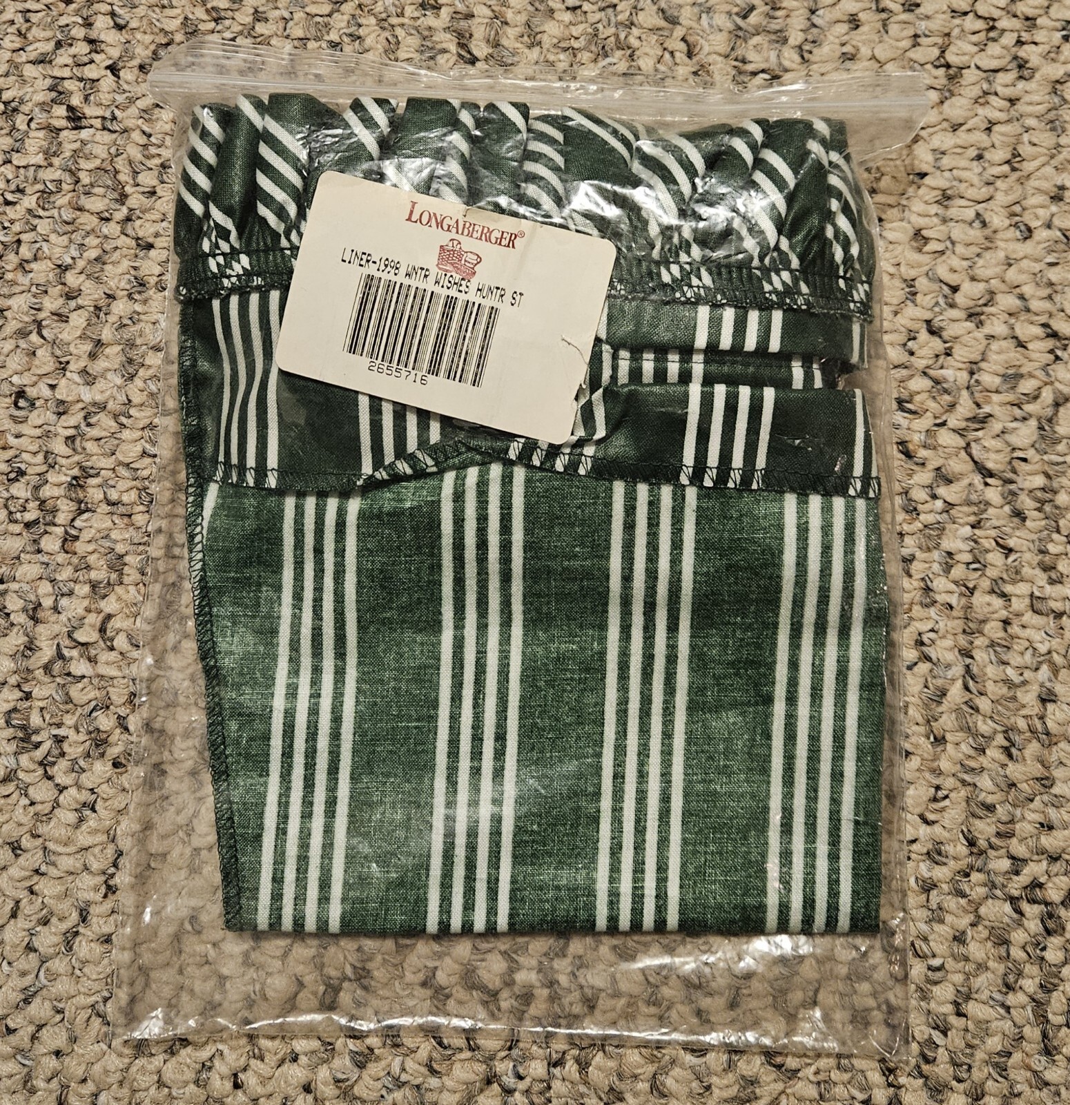 LONGABERGER LINER "Winter Wishes Hunter Green Stripe #2655716 New In Bag 1998