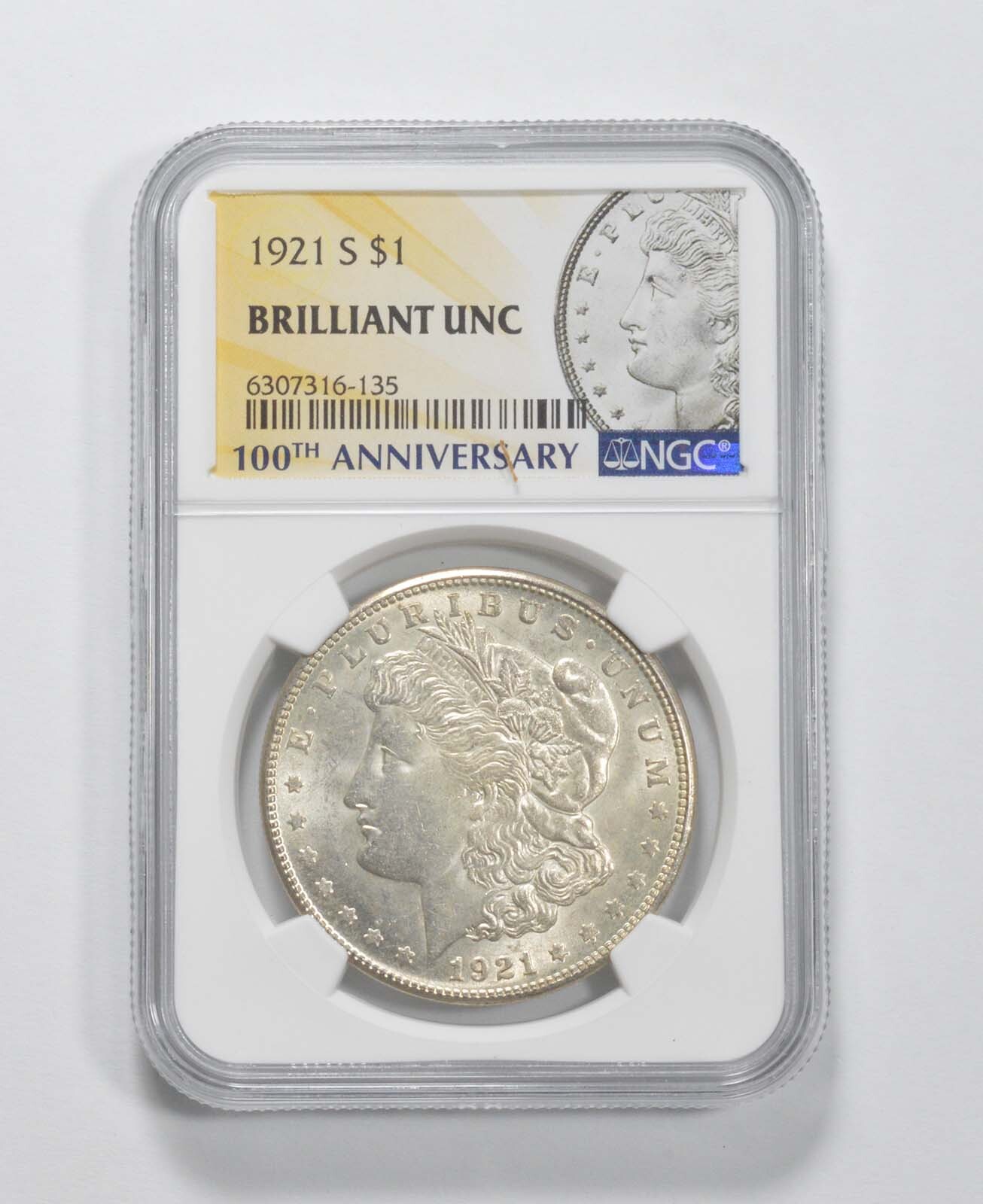 1921-S Morgan Silver Dollar MS Brilliant Unc NGC 100th Anniv 2021 Label