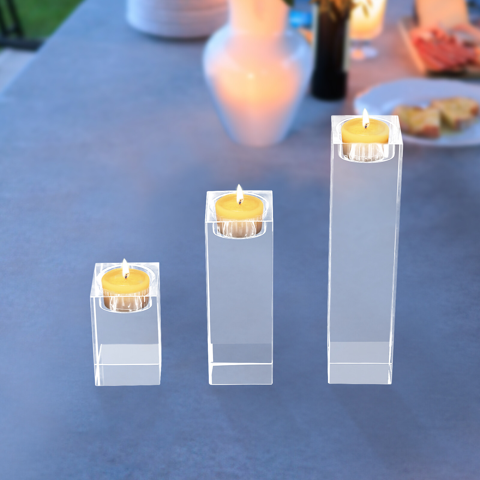 Set of 3 Glass Candle Holder, Crystal Clear Pillar Candle Stand 1.97"Square