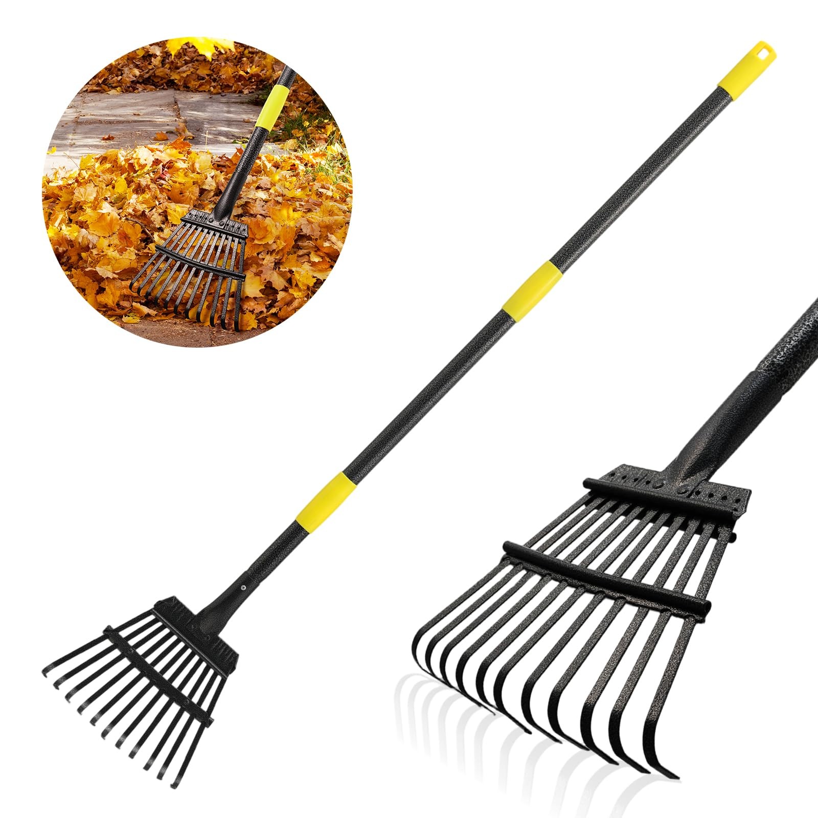 Leaf Rake, Small Rake for Leaves with 30"-60" Adjustable Long Handle, 11 Tine...