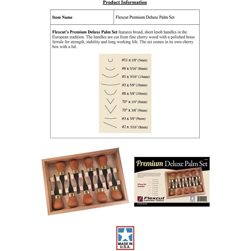 Flexcut Premium Deluxe Palm Set, Stainless blade, Cherry wood # FLEXFRP405