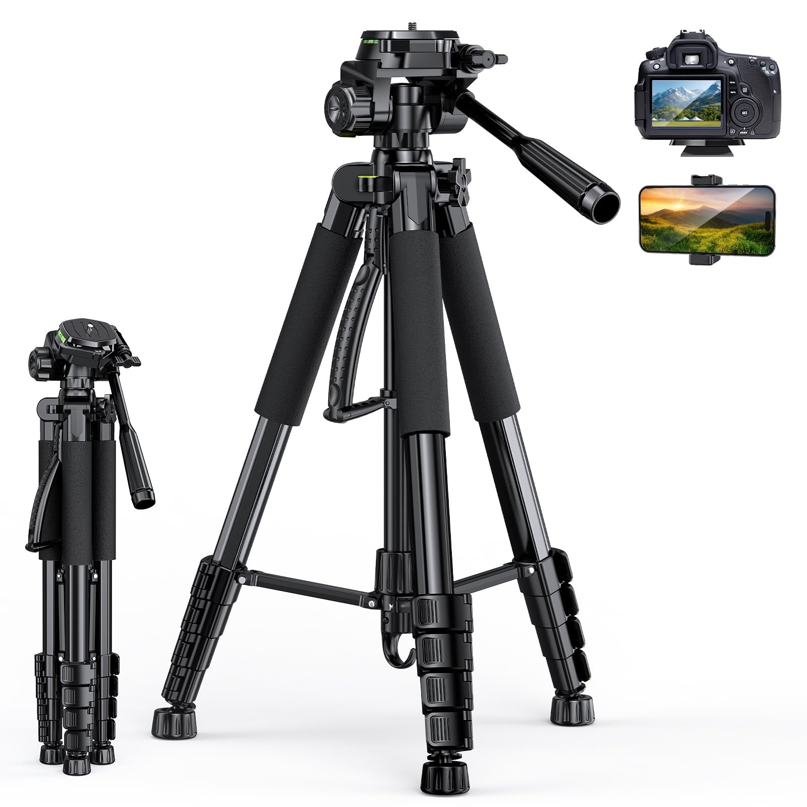 67 Inch Camera Tripod Stand with Travel Bag Bluetooth Remote Phone Holder Mount