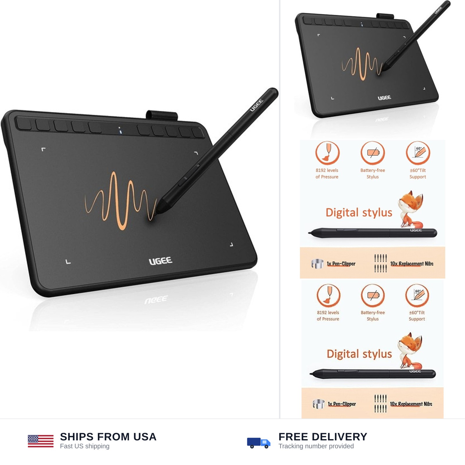 UGEE S640 Graphics Drawing Tablet, Digital Draw Art Pad with Pen Battery-Free...