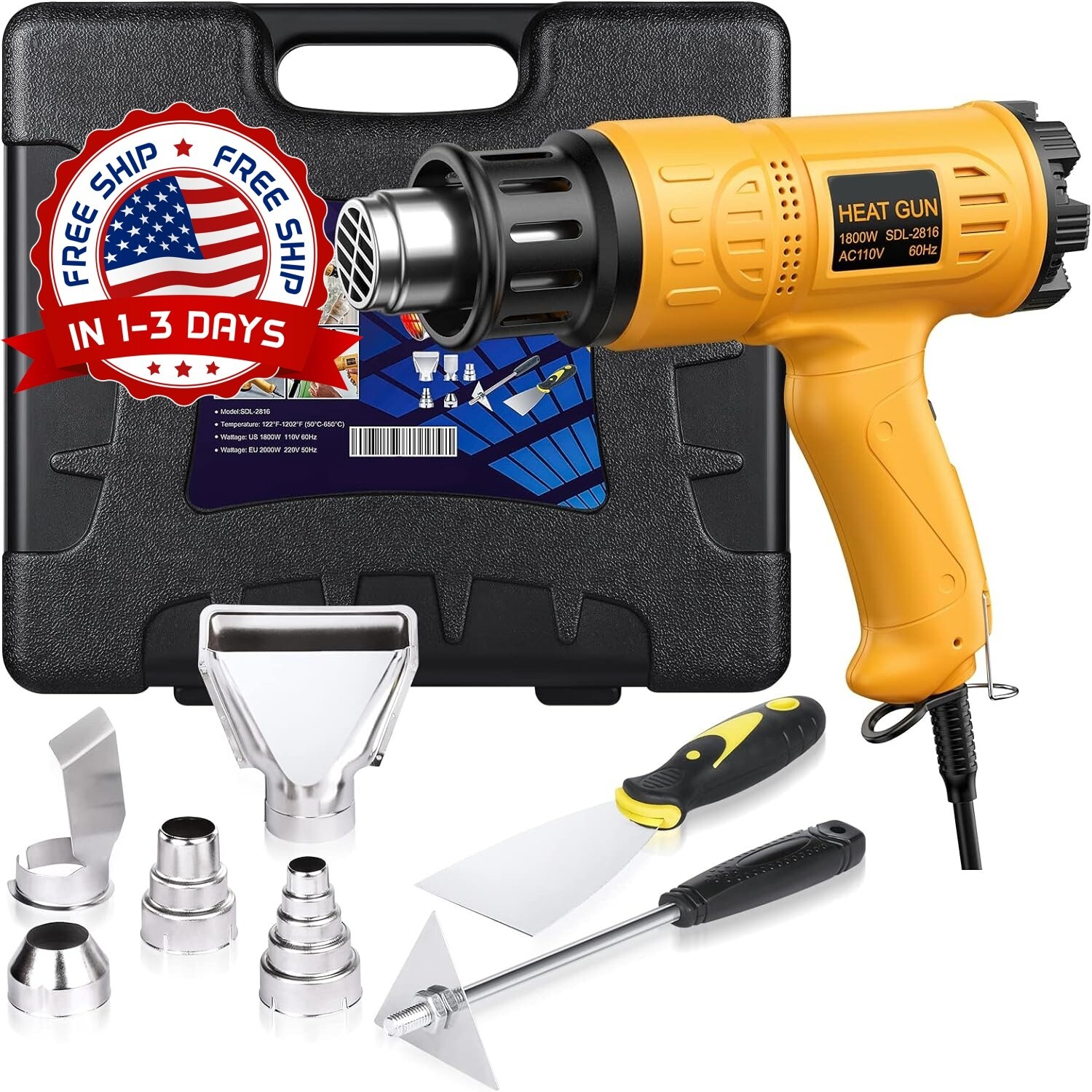 Pistola De Calor 110V Para Trabajo Pesado 1800W De Aire Caliente Con 4 Boquillas