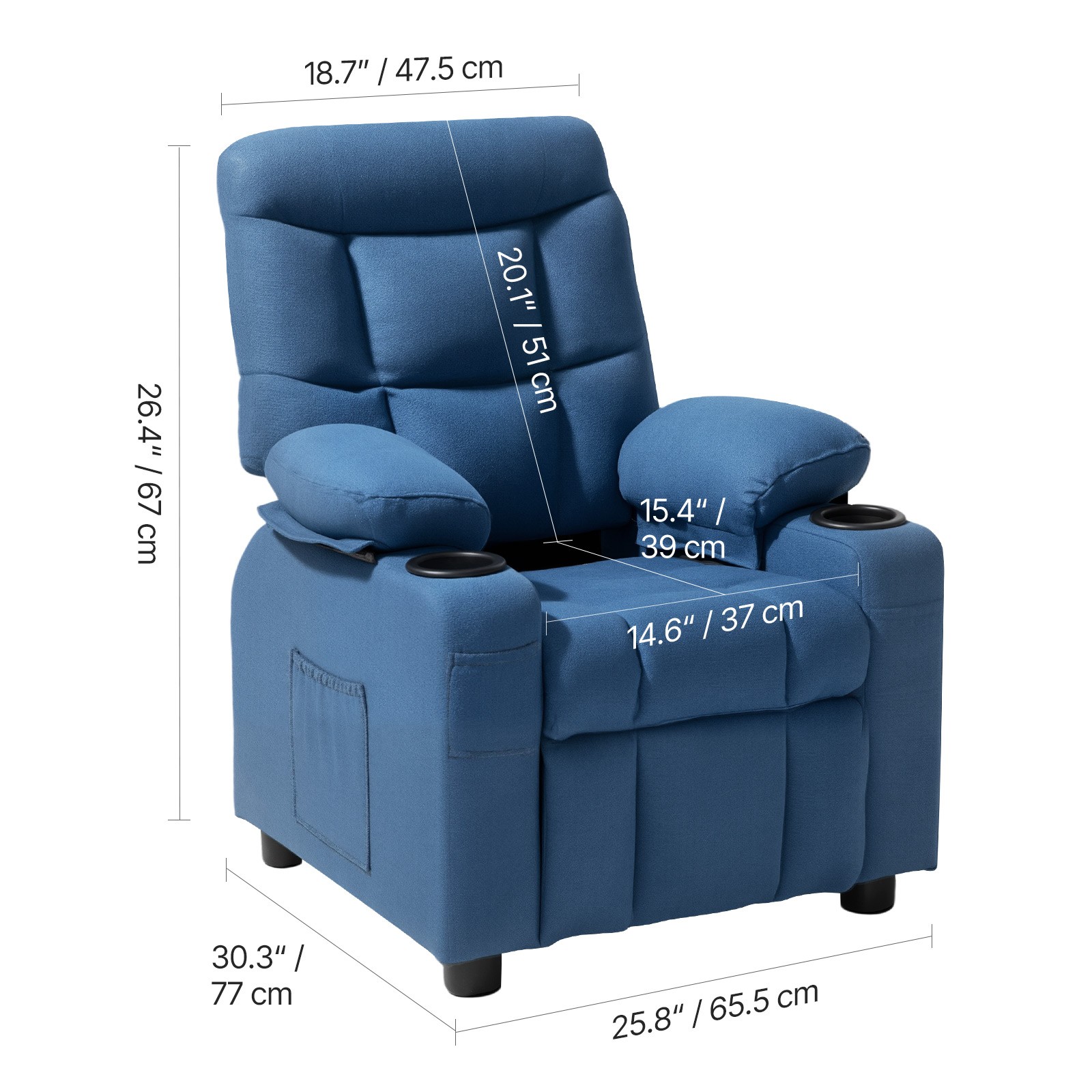 Uimoso Kids Reclining Chair Toddler Recliner with Cup Holders and Pockets (Blue)