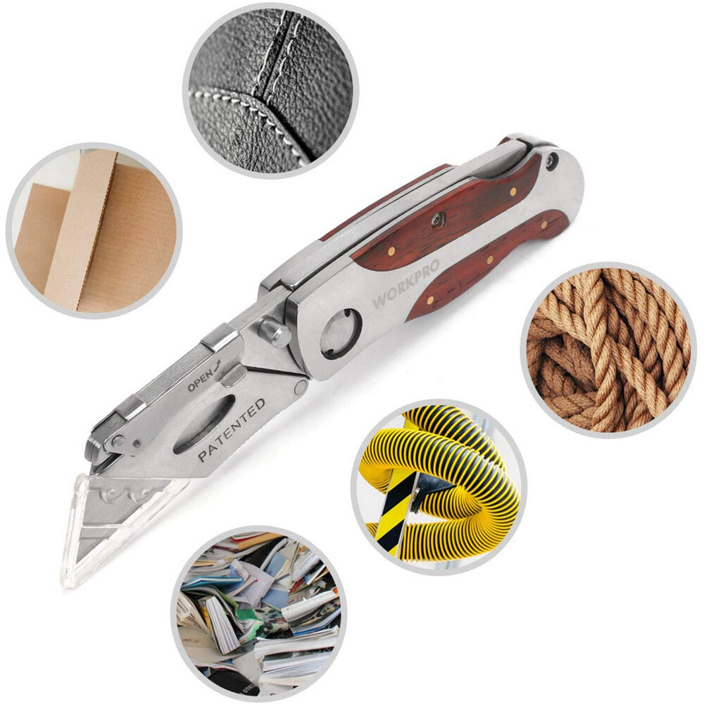 WORKPRO Folding Utility Knife Quick-Change Box Cutter Retro Wood Grain Handle US