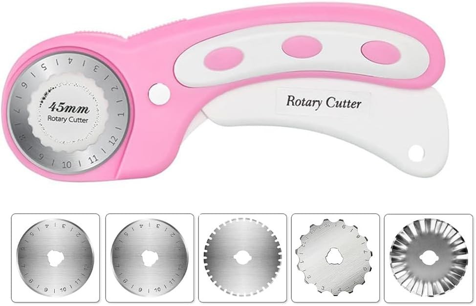 45mm Rotary Cutter with 5pcs Extra Blades, Ergonomic Handle Rolling Pink