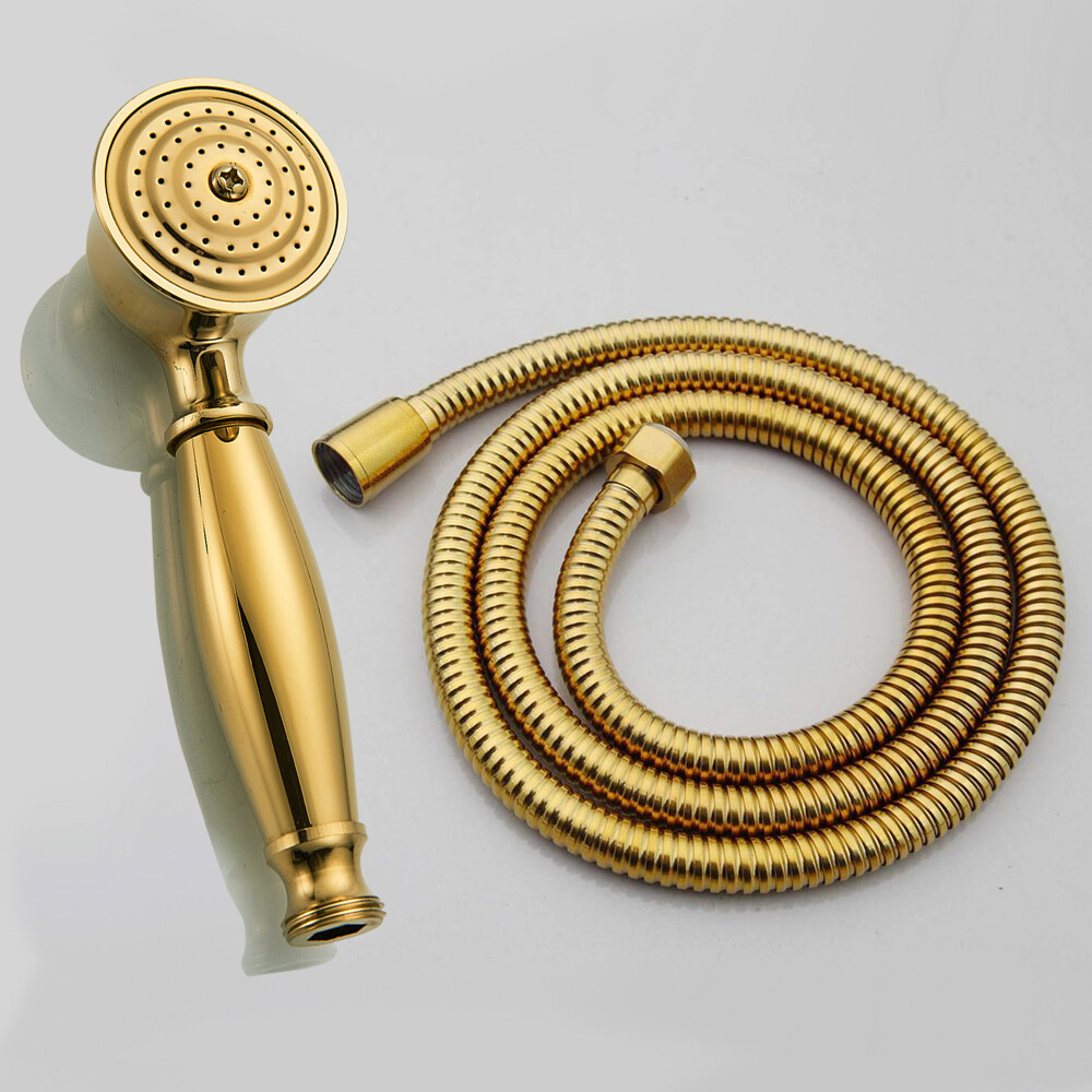 Polished Gold Brass Bathroom Handheld Shower Head with 1.5m Shower Hose