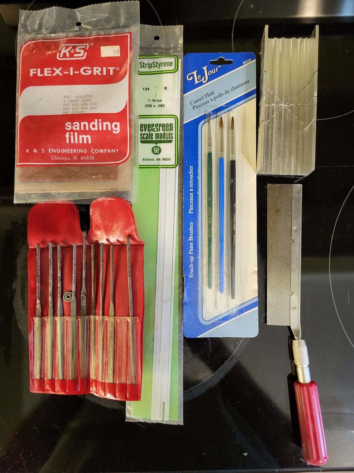 Plastic Modeling tools and supplies, miter saw, files, sanding film, styrene