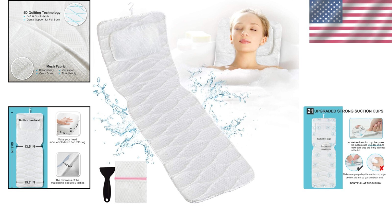 Ultimate Bath Pillow with Enhanced Support - Soft 5D Air Mesh & Suction Cups