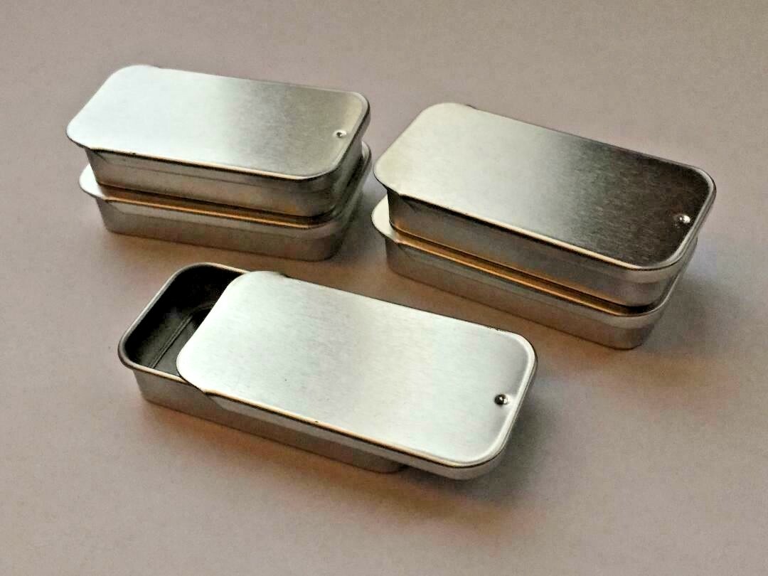 Set of 5 Small Metal Slide Top Tins Containers Bug Out Bag Craft Supplies 1 x 2"