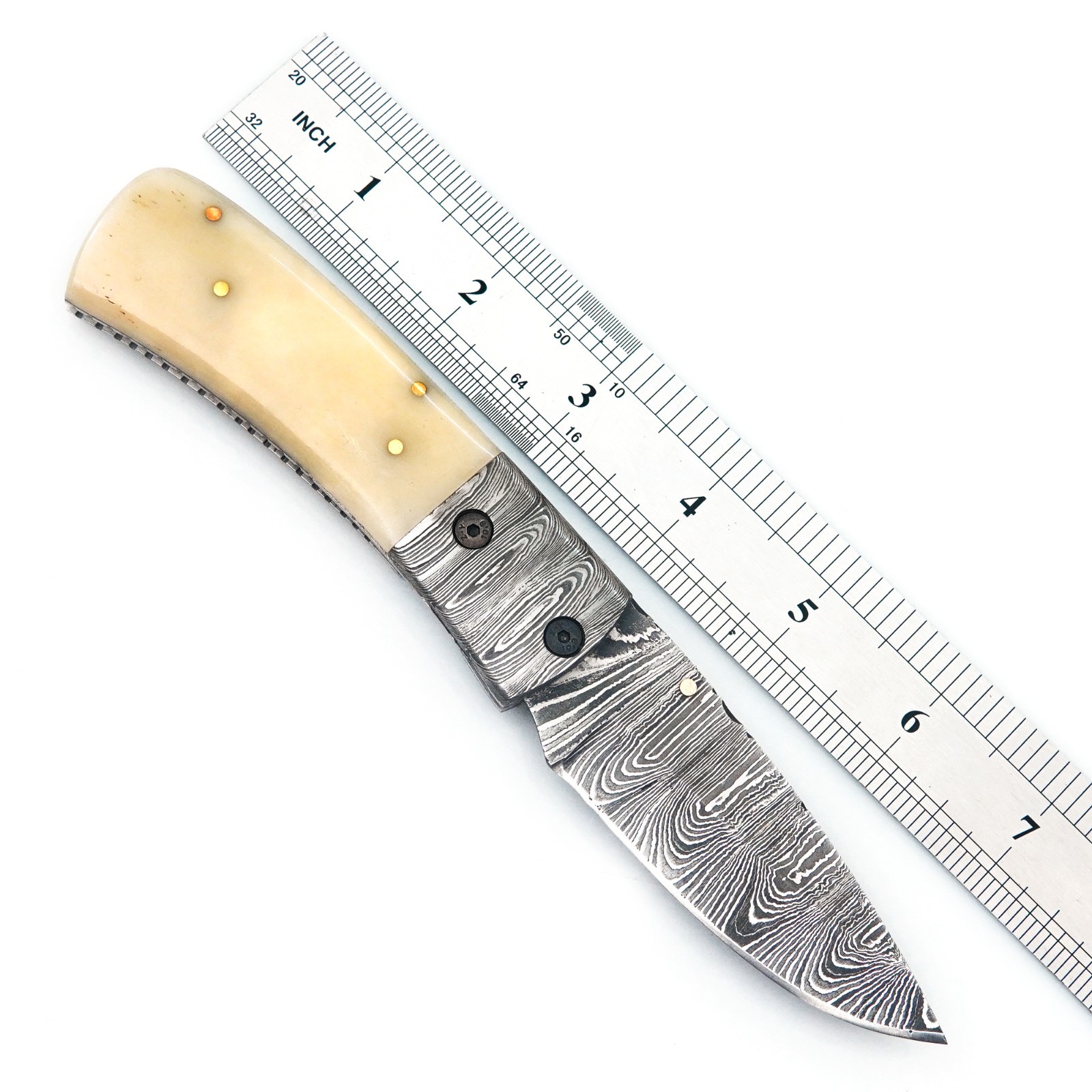 7.5" CUSTOM HANDMADE DAMASCUS CAMEL BONEHANDLE FOLDING KNIFE WITH SHEATH S16