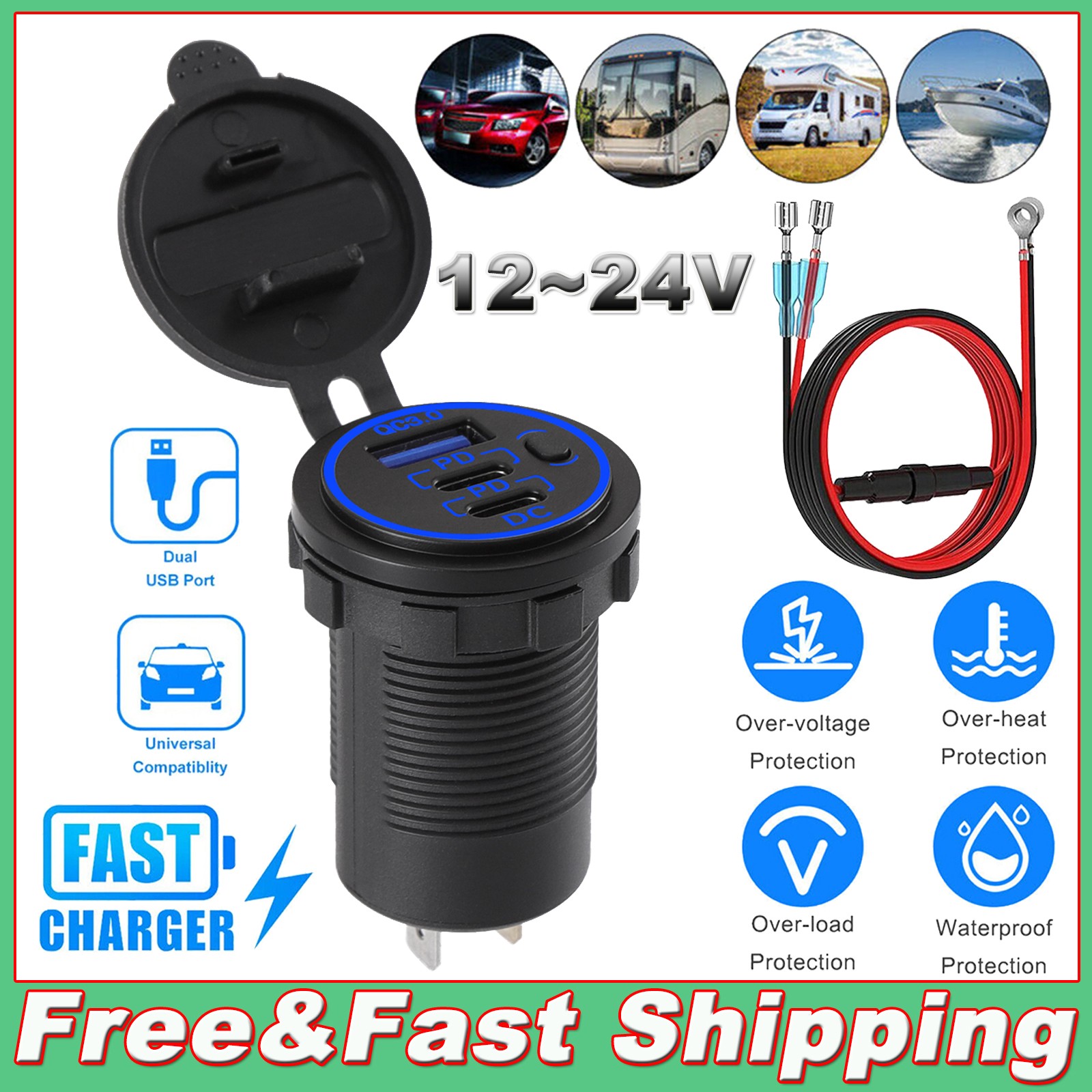 12V-24V QC3.0 + PD USB C Car Fast Charger Power Socket Outlet for Boat RV Marine