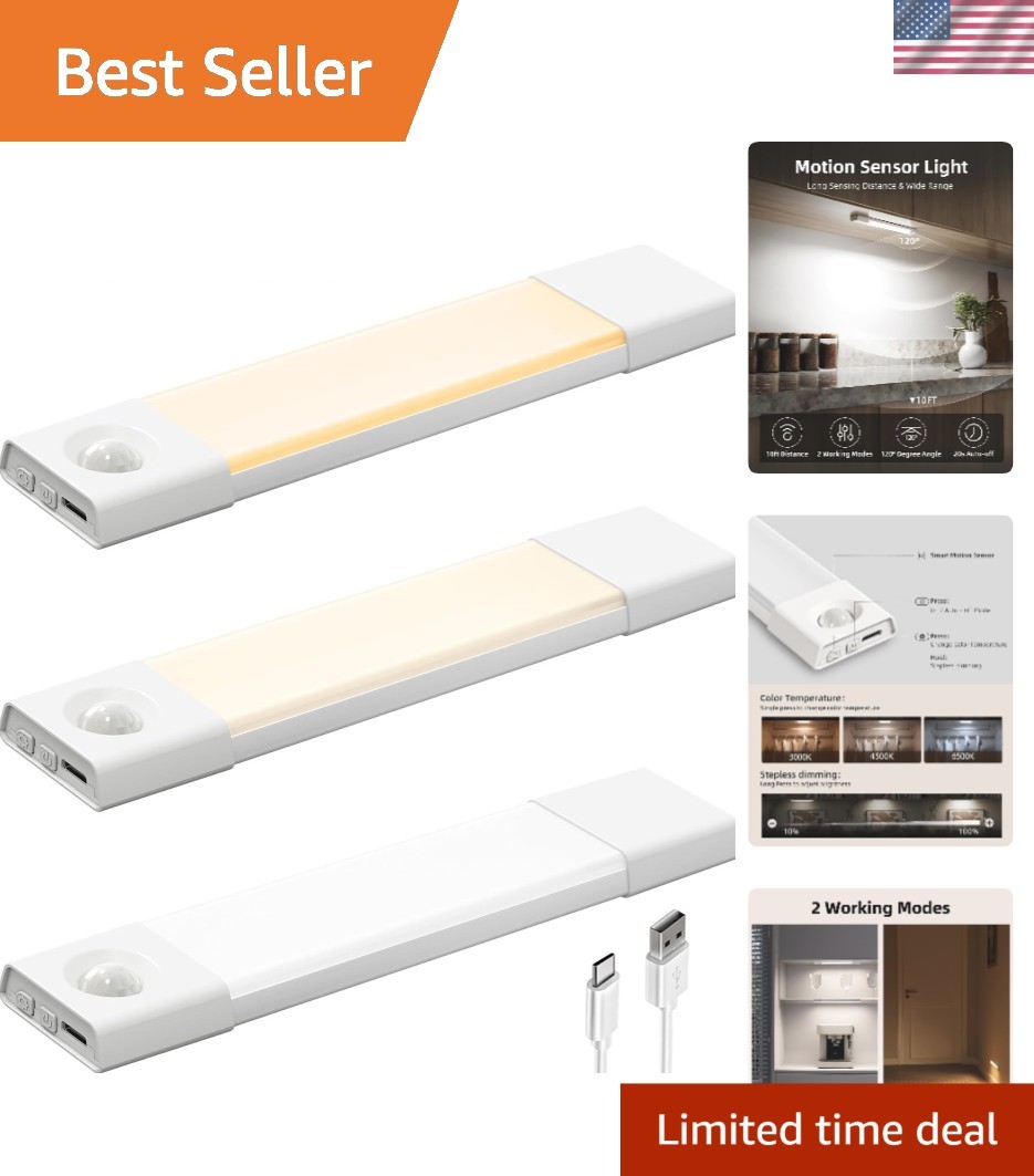 Magnetic Mount 3 Pack Motion Sensor Lights - Soft, Adjustable Indoor Lighting