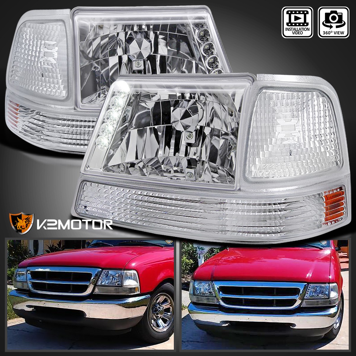 Fits 1998-2000 Ford Ranger LED Strip Clear Headlights Bumper Turn Signal Lamps