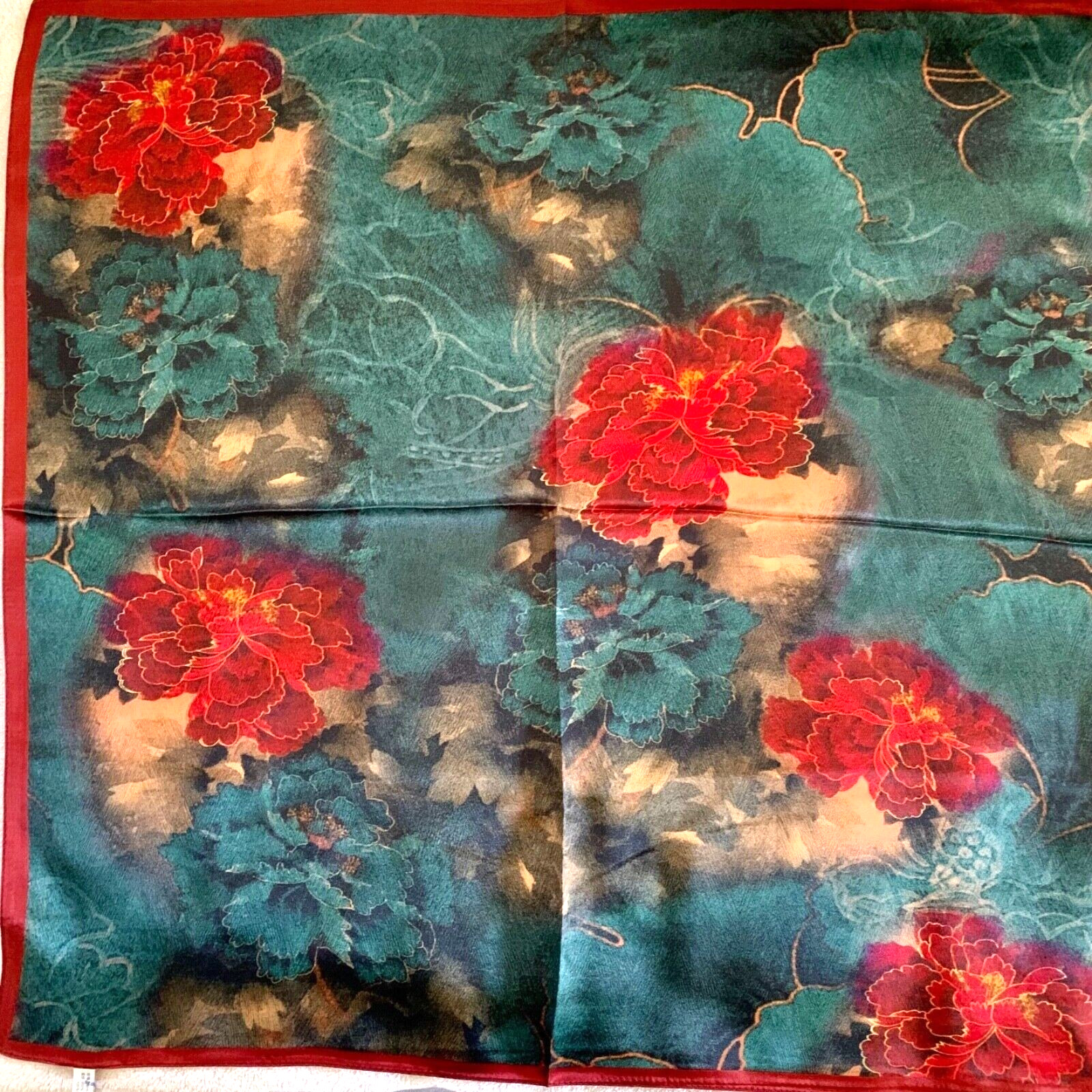 26"X26"Red Peony Print Pure Mulberry Satin Silk 12momme Scarf 65x65cm 6-24