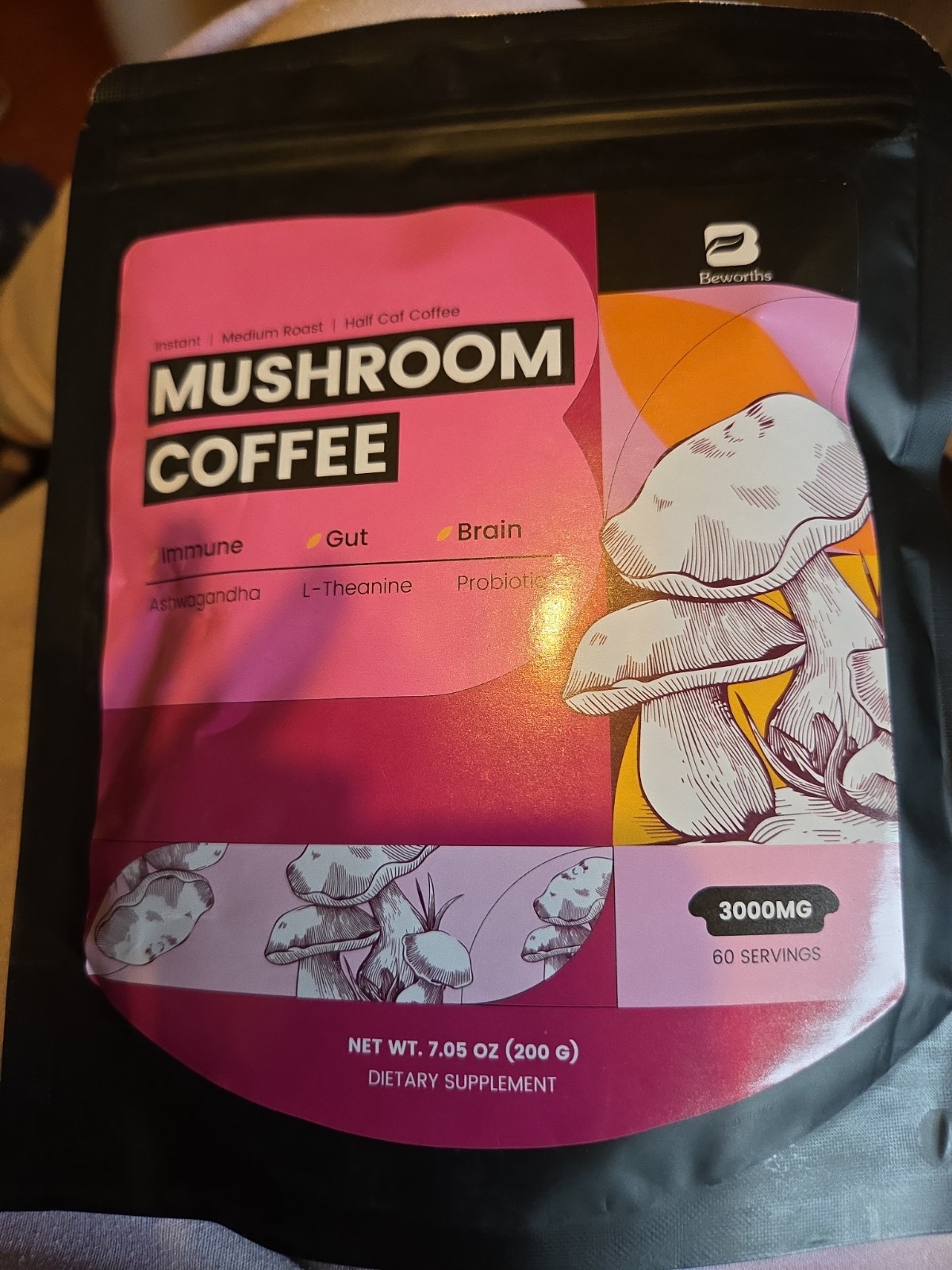 2x Instant Medium Roast Half Caf MUSHROOM COFFEE, 3000MG, 60 Servings Ea X-12/26