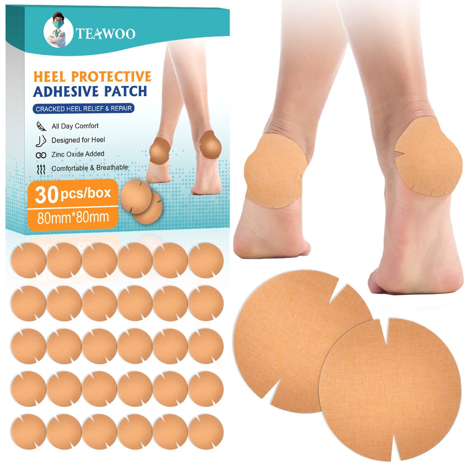 TEAWOO 30PCS Patented Cracked Heel Treatment Patches, 80mm×80mm, Beige
