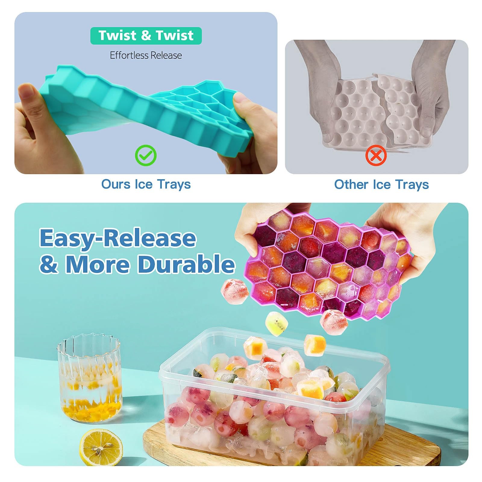 Ice Cube Trays for Freezer, 3 Pack Ice Cube Tray with Lid, Silicone Ice Cube ...