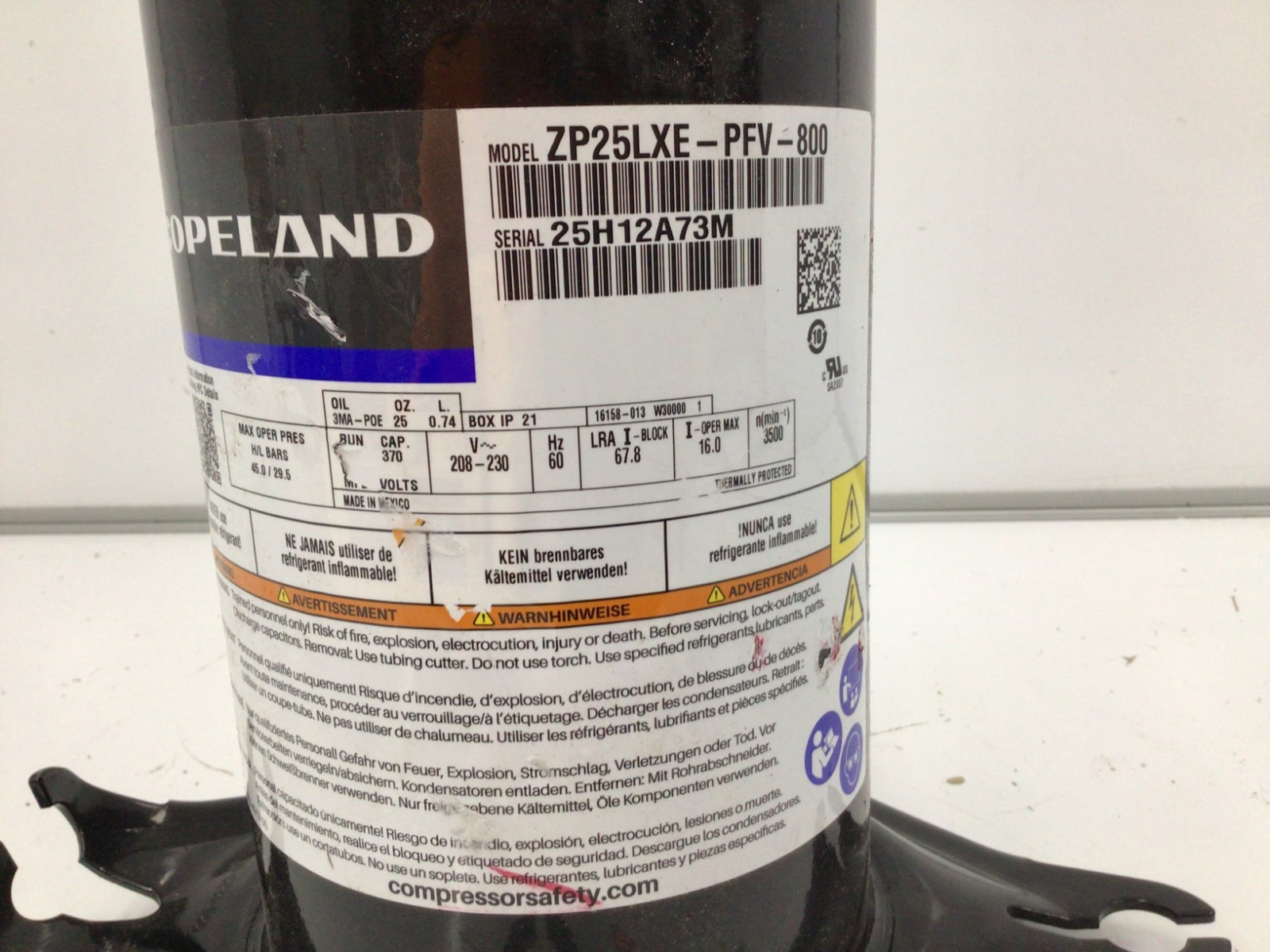 COPELAND COMPRESSOR: Mfr Part # ZP25LXE-PFV-800