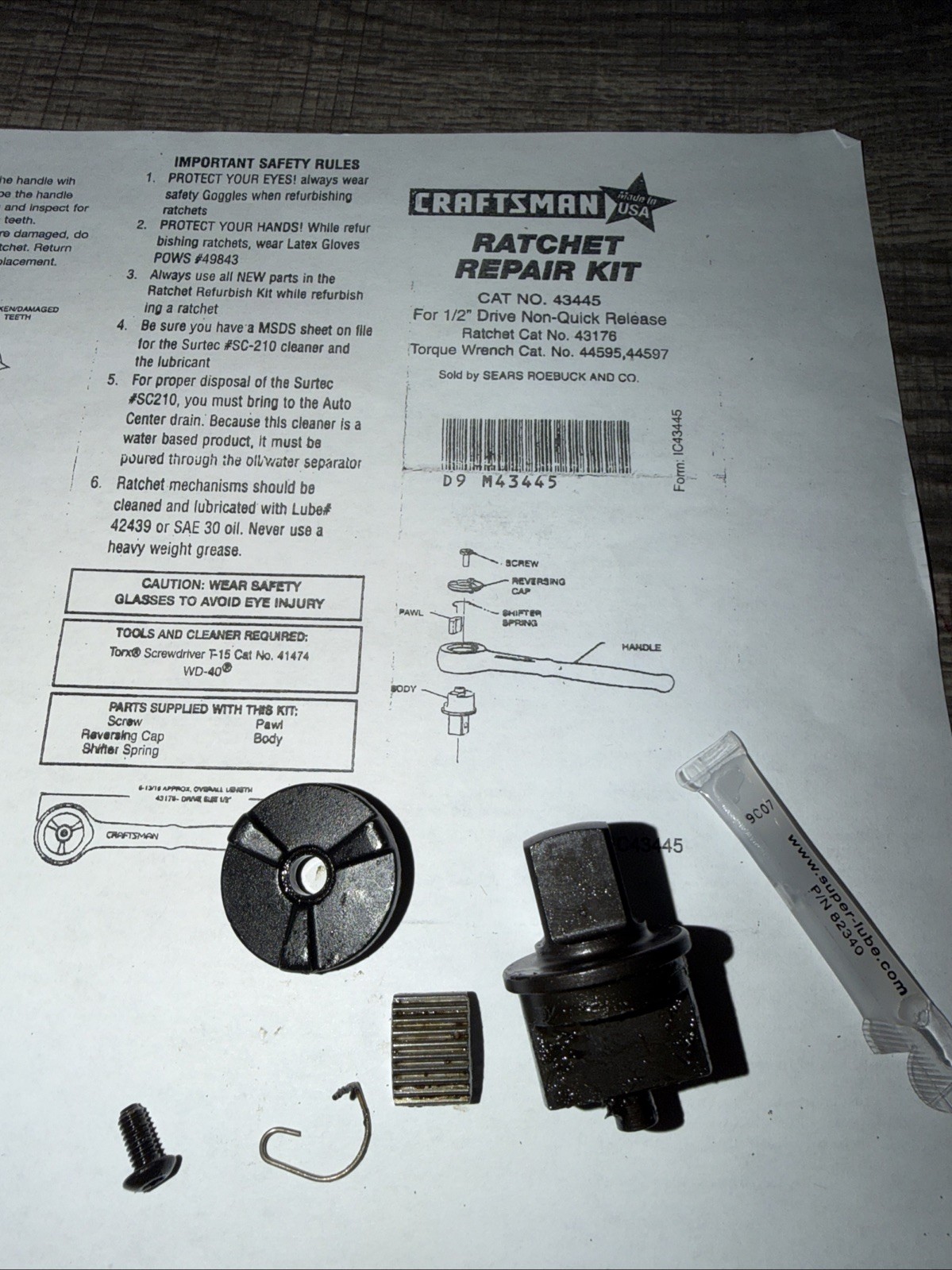 CRAFTSMAN Ratchet Repair Kit 43445 4 43176 1/2” Drive Torque Wrench 44595 44597