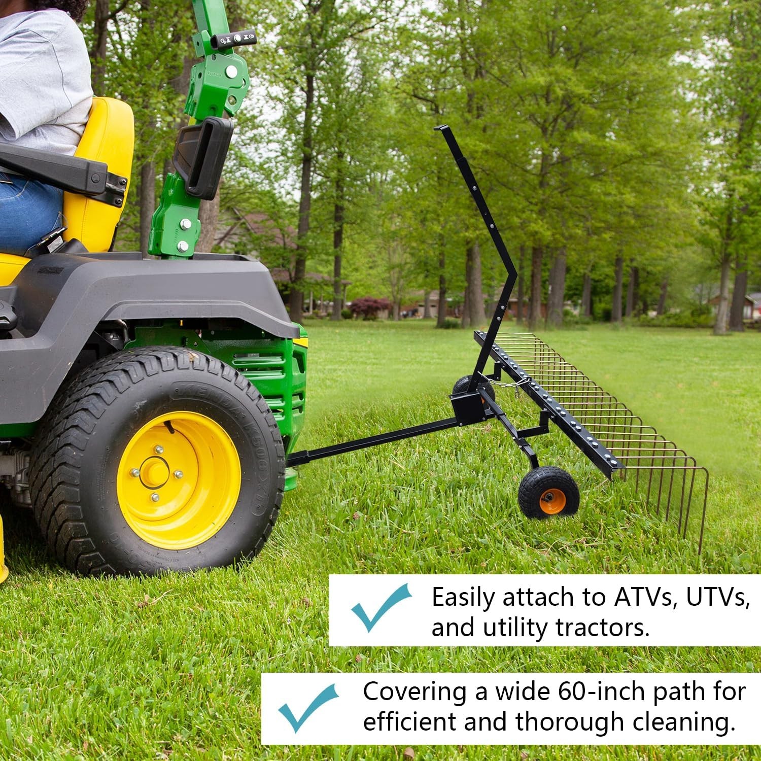 60" ATV UTV & Lawn Tractor Tow Behind Steel Landscape Rake Pull Dethatcher