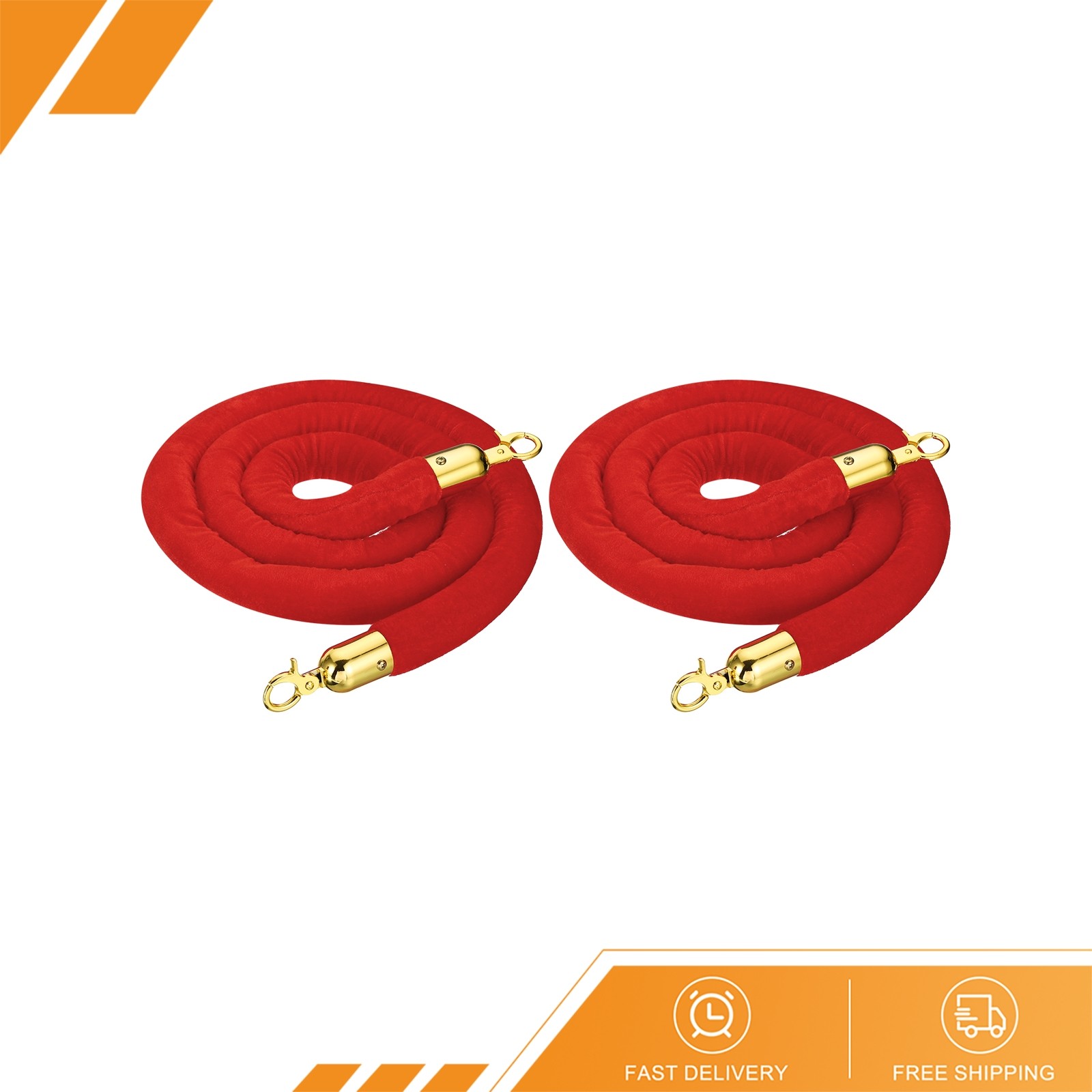 2Pack 6 Feet Red Velvet Stanchion Rope Crowd Control Barrier Rope, Golden