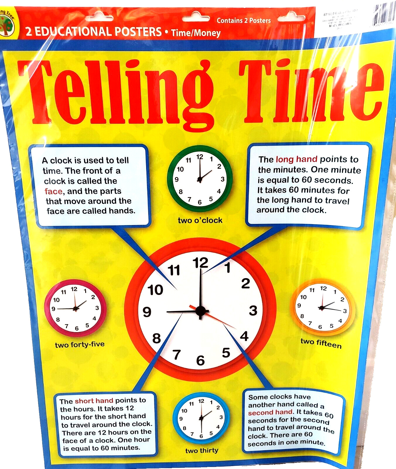 NEW 2 TEACHING POSTERS TELLING TIME CLOCK & US CURRENCY MONEY 23" pre-K & K-5