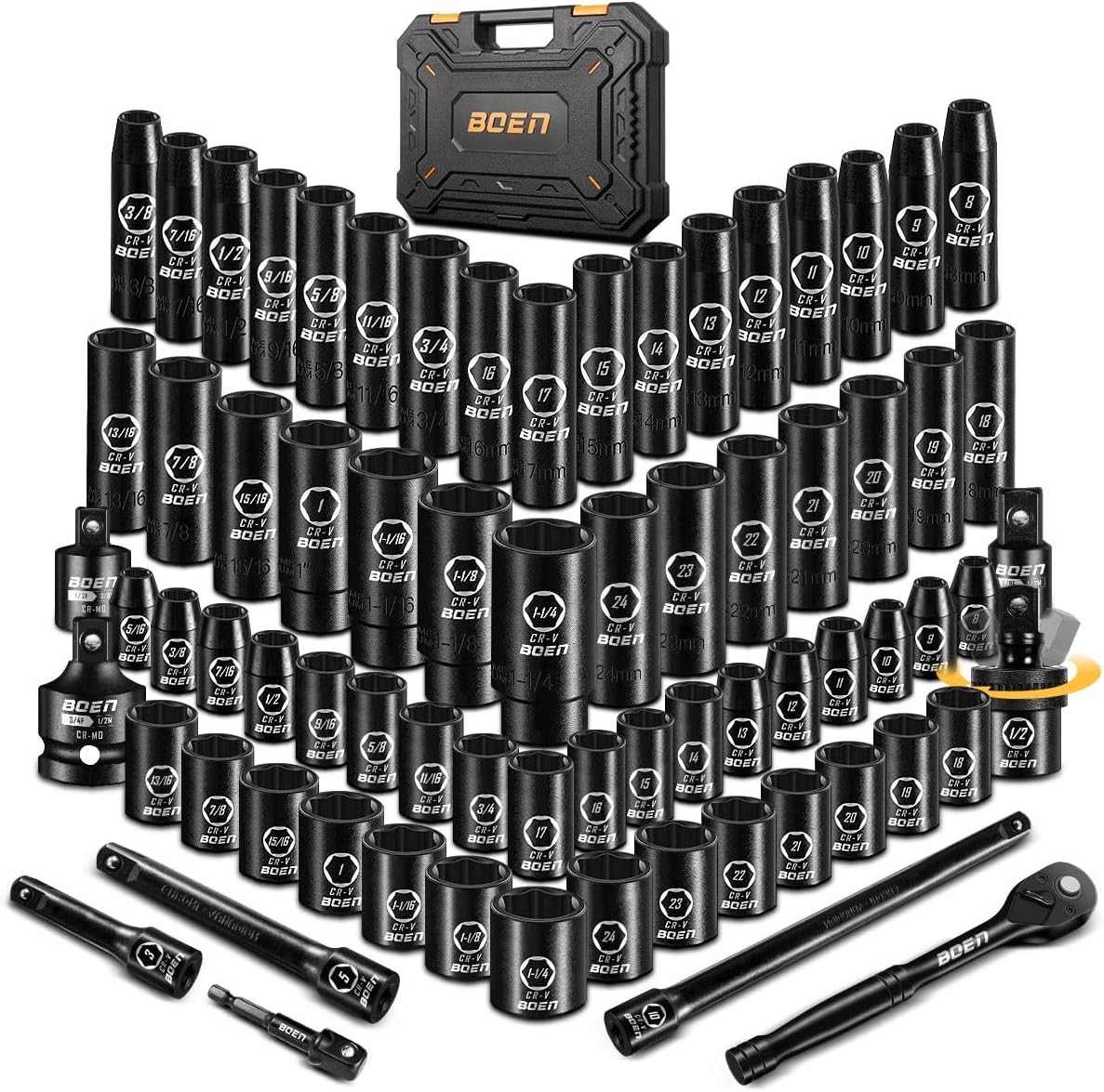 BOEN 72pc 1/2" Drive Impact Socket Set SAE Metric Deep