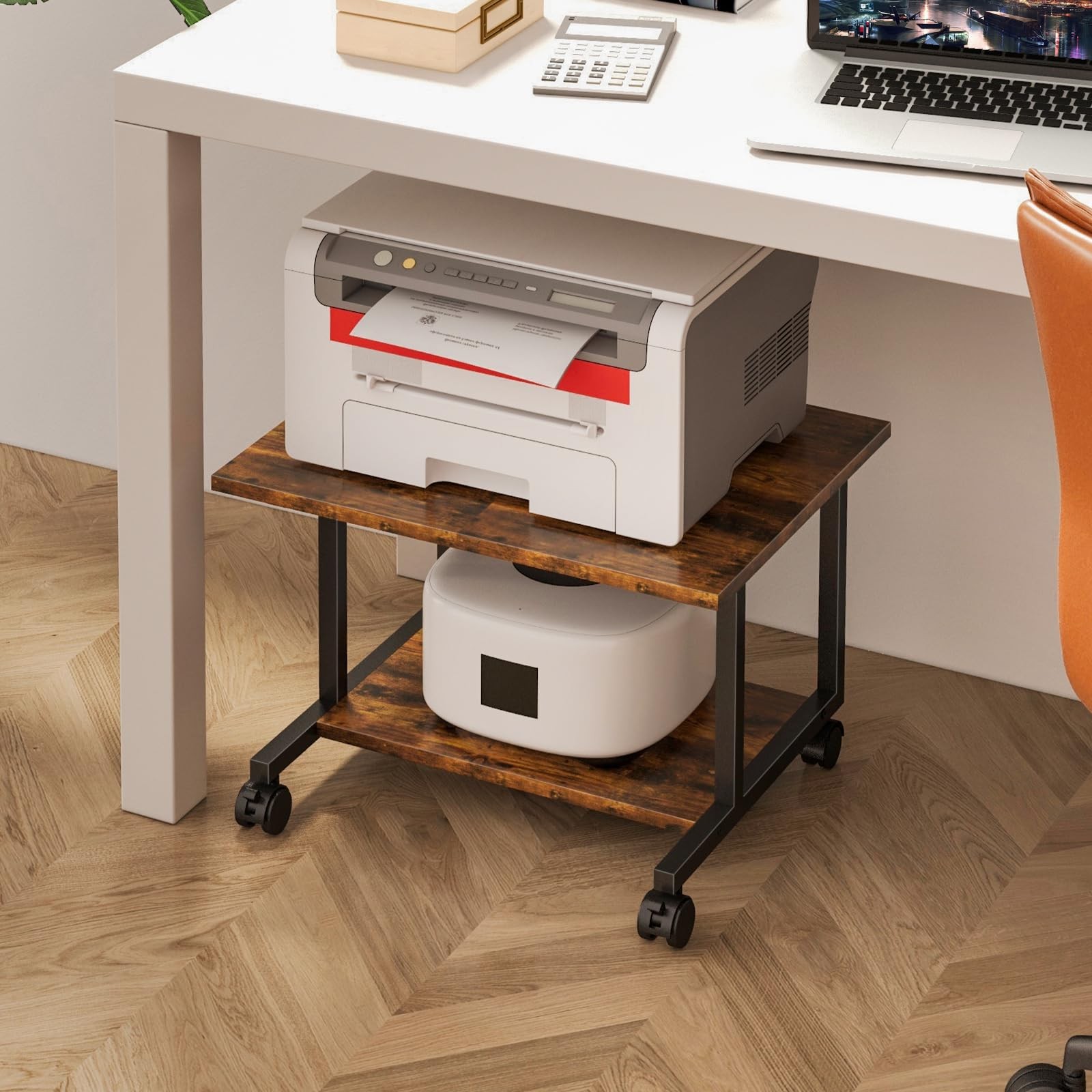 Rustic Brown 2Tier Industrial Mobile Rolling Under Desk Printer Stand Table