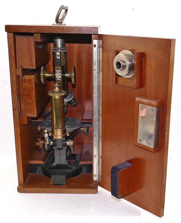 C. Reichert Wien Antique "1900" Monocular Brass Microscope in Wooden Case