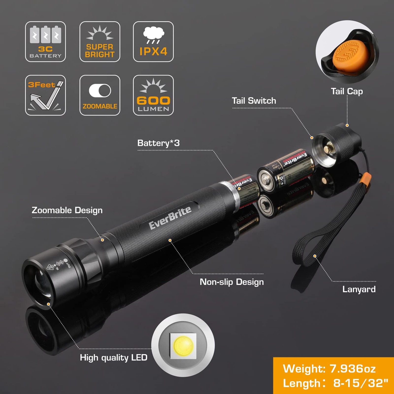 Ultra Bright Tactical Flashlight, 600 Lumen Zoomable Adjustable Focus, 4 Ligh...