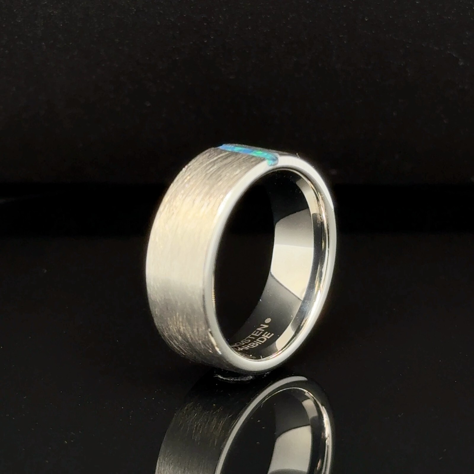 8mm Tungsten Carbide Ring Brushed Silver Blue Opal Inlay Scratch-Proof Band