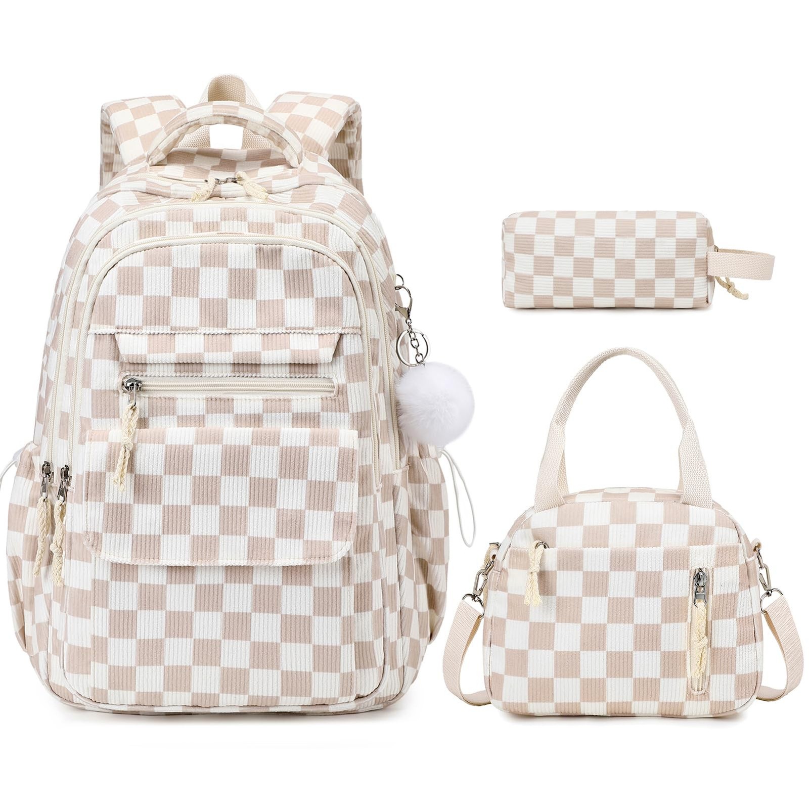 Bevalsa Backpack for Gilrs, 3PCS Corduroy Kids Backpack Set with Lunch Box & ...