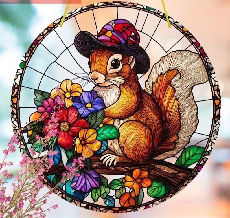2D Flat Acrylic Squirrel with Leaves 8" Round. FREE SHIPPING