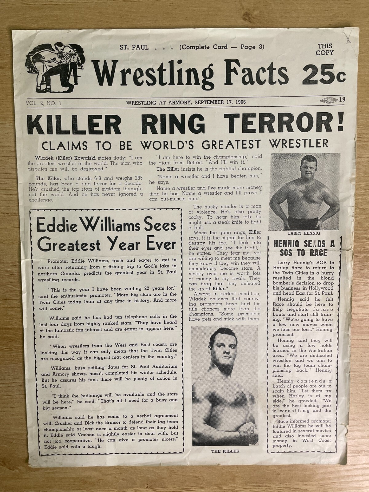 Wrestling Facts September 17, 1966 Killer Kowalski Program B2456