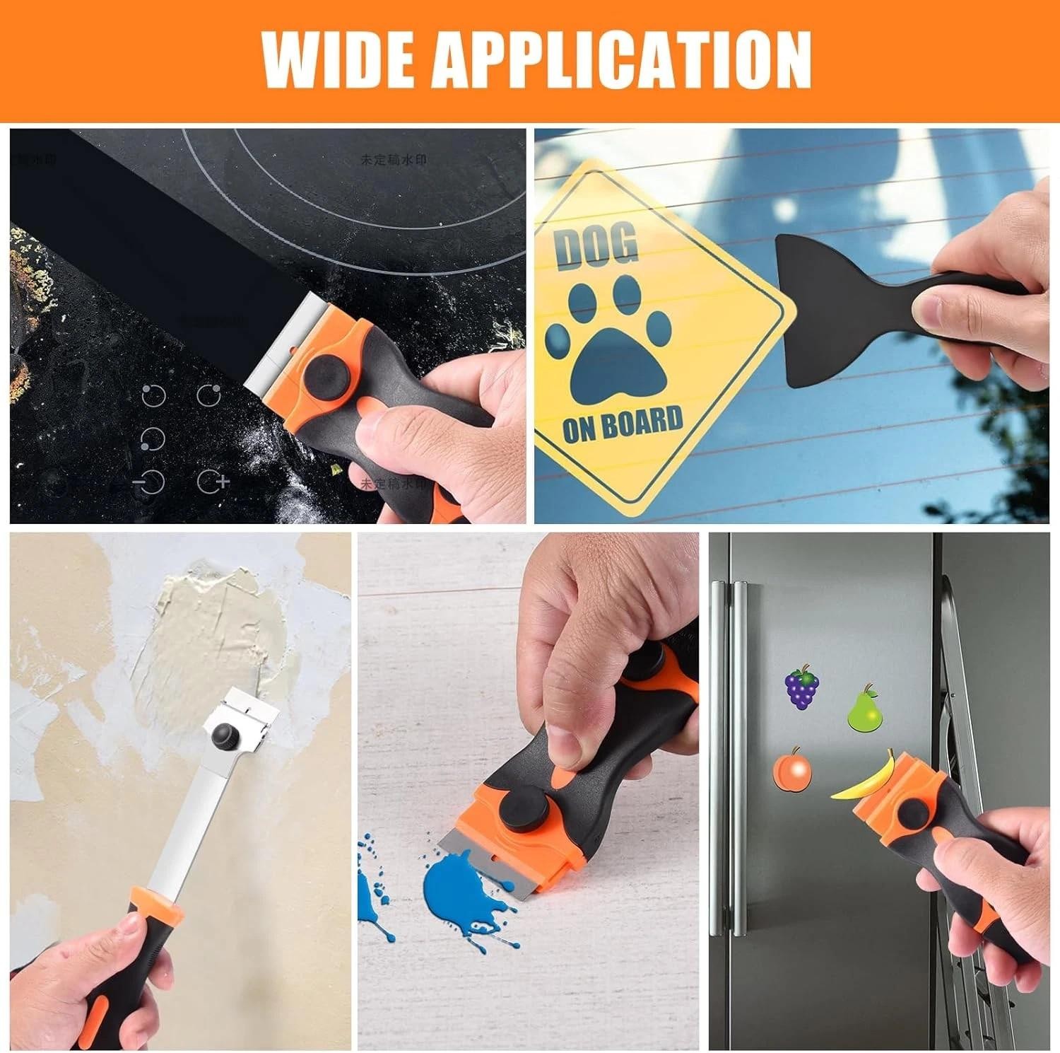 4 Pack Razor Blade Scraper, Premium Cleaning Scraper Tool with 50 Pcs Metal & Pl