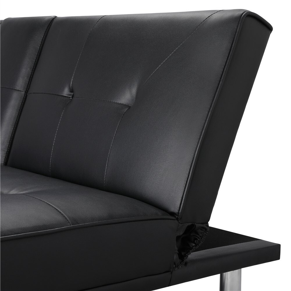 Faux Leather Sofa Bed Convertible Futon Sofa with 2 Throw Pillows Cup Holders