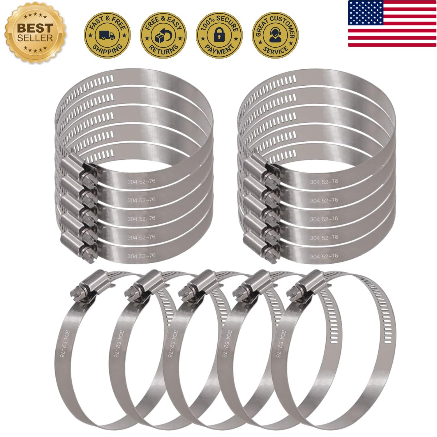 15Pcs 52-76mm/2-3inch Range 304 Stainless Steel Adjustable Worm Gear Hose Cla...