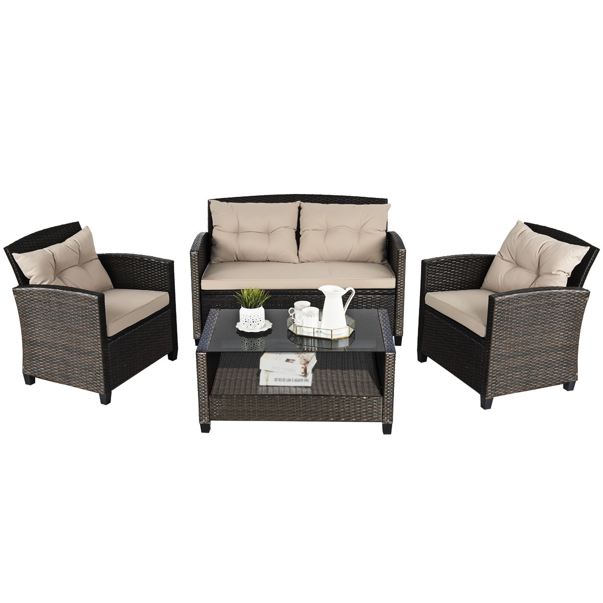 4PCS Outdoor Rattan Furniture Set Cushioned Sofa Armrest Chair Lower Shelf Brown