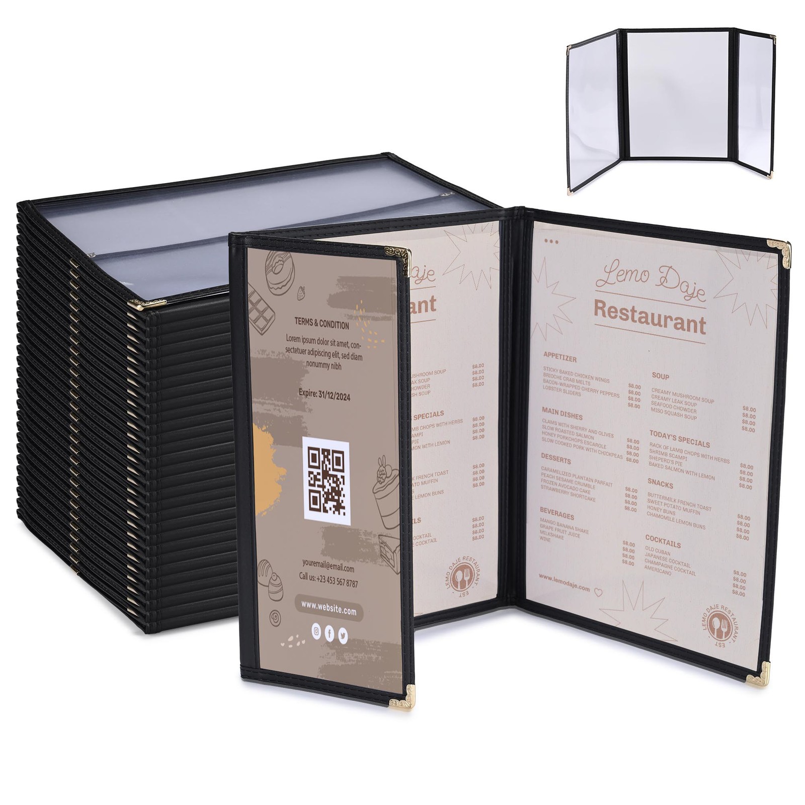 WeChef 30 Pcs Menu Covers 8.5x11" 2 Page 4 View & 4.25x11" Half Page Wine List