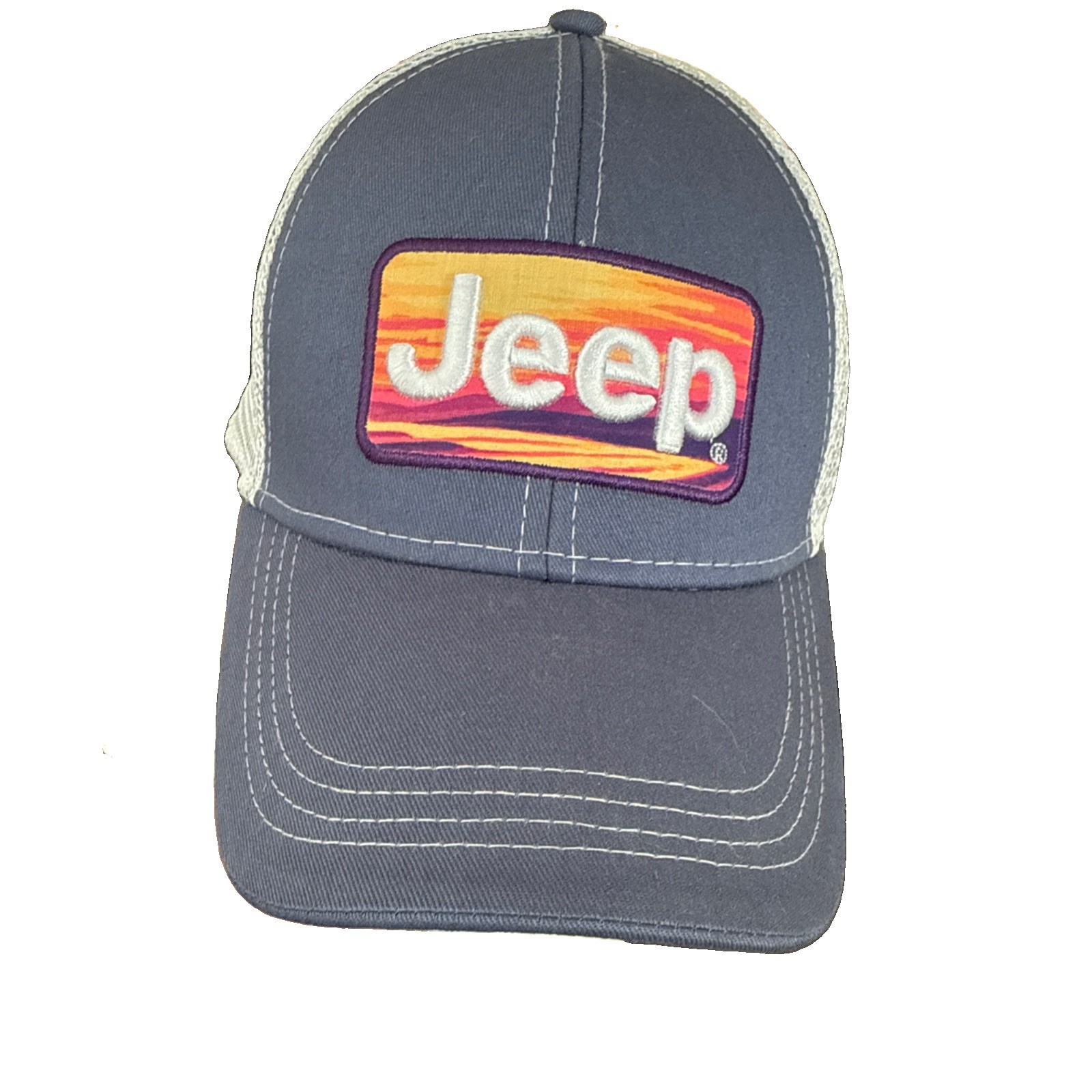 JEEP in White Letters on Sunset Patch Trucker Hat Blue Fabric WhiteMesh Snapback